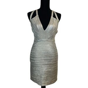 Herve Leger Bandage Dress Bodycon Silver Fitted Y2K Sexy Cocktail Size Medium